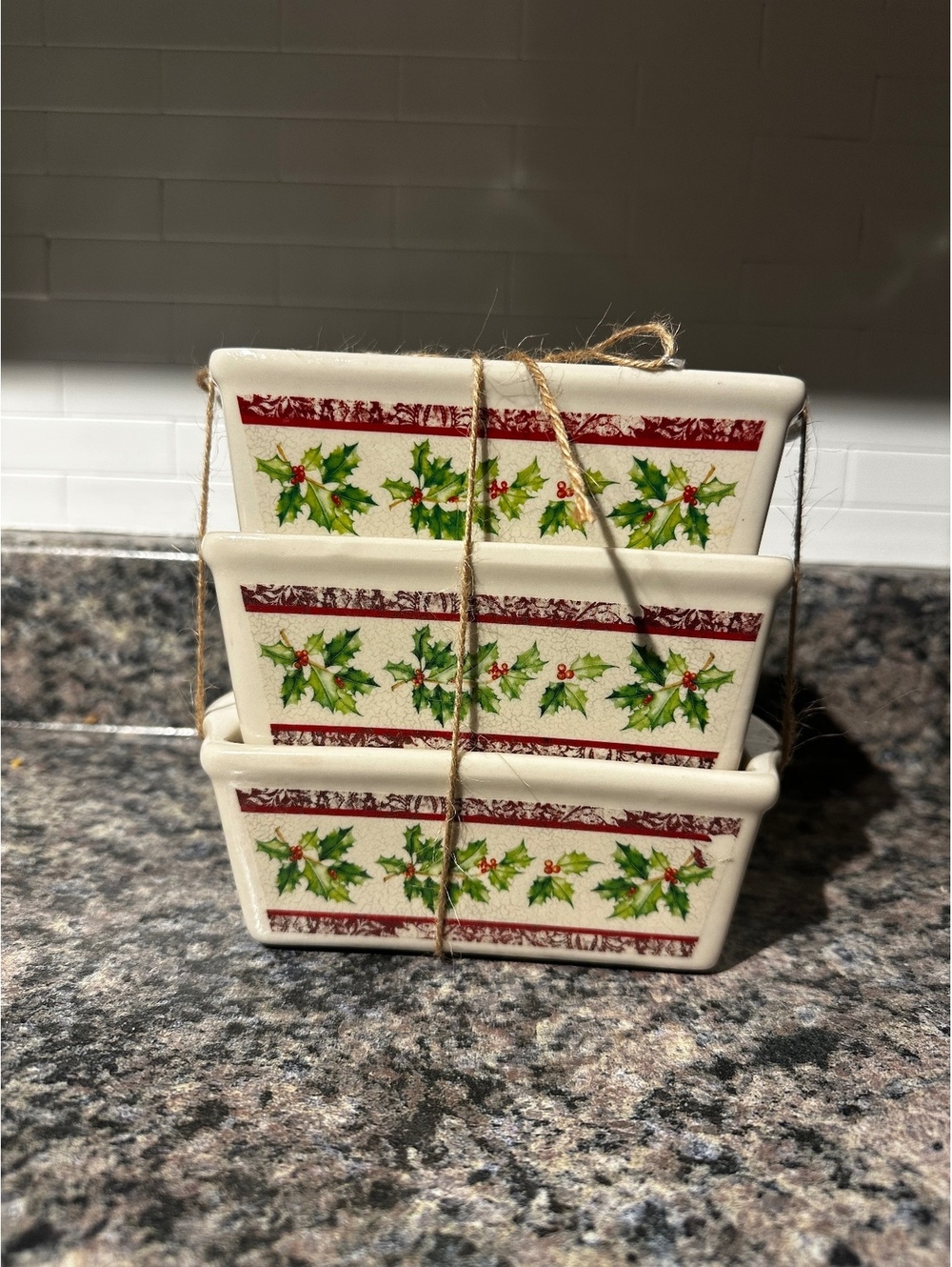 Set of 3 Ceramic Holiday Loaf Baking Pans Holly Design Christmas Oven Safe